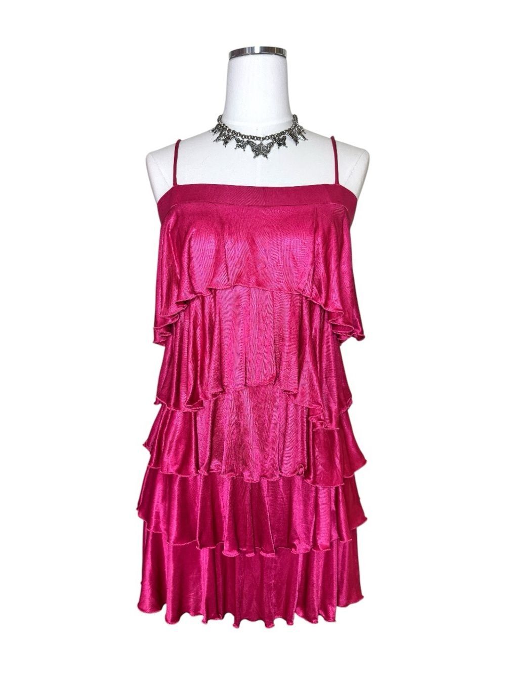 Y2K Guess Hot Pink Tiered Ruffle Spaghetti Strap Dress Size Medium